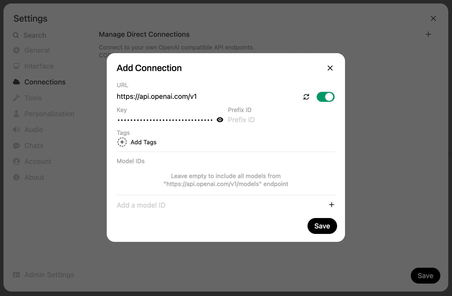 Open WebUI - добавление OpenAI в качестве подключения