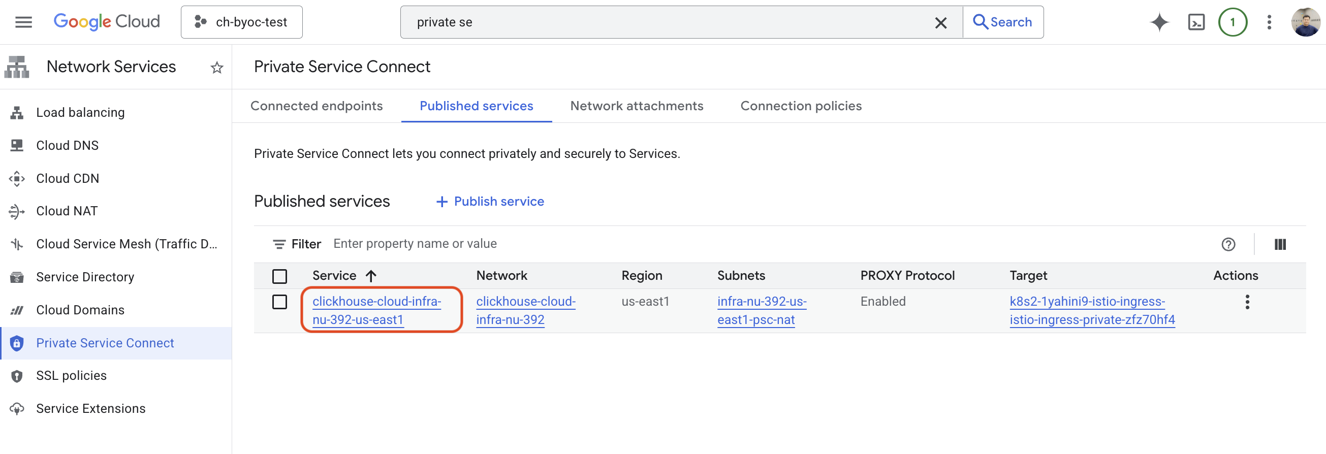 Конечная точка BYOC PSC