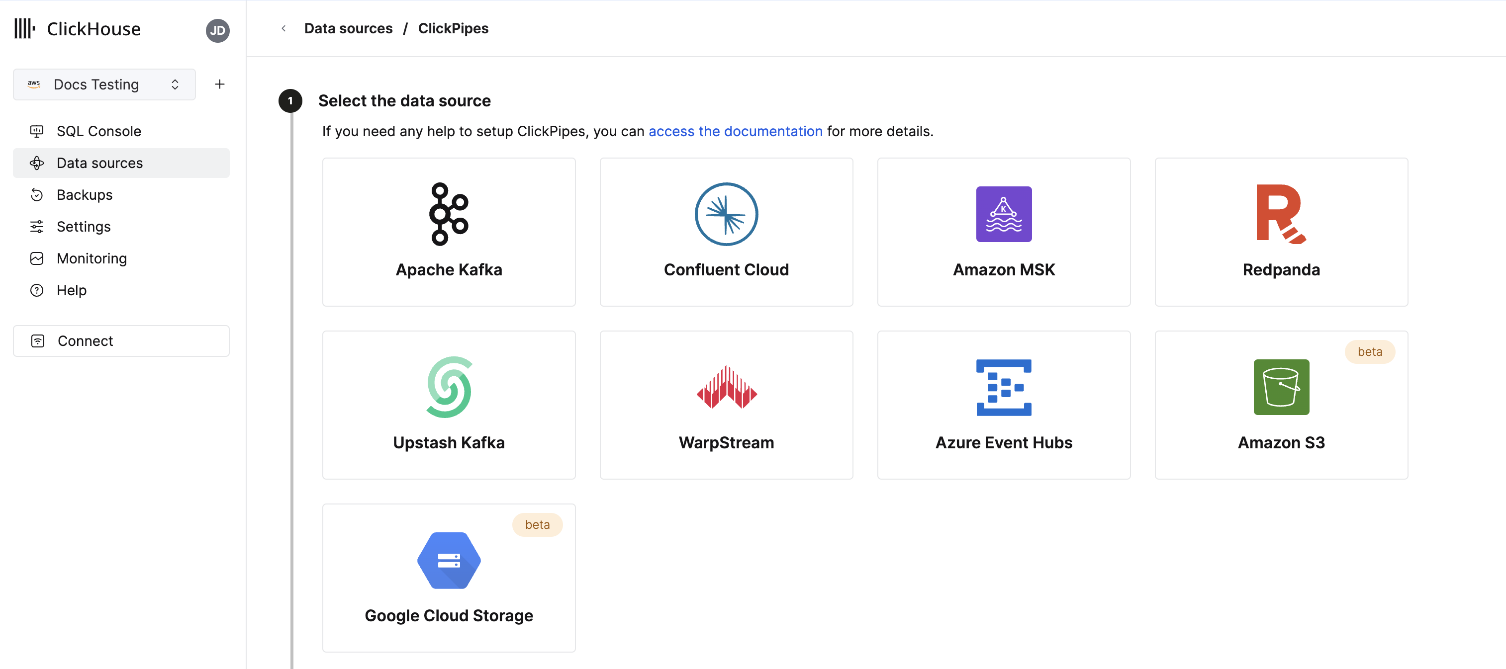 Интерфейс ClickPipes с настройками загрузки данных из бакетов S3 и GCS