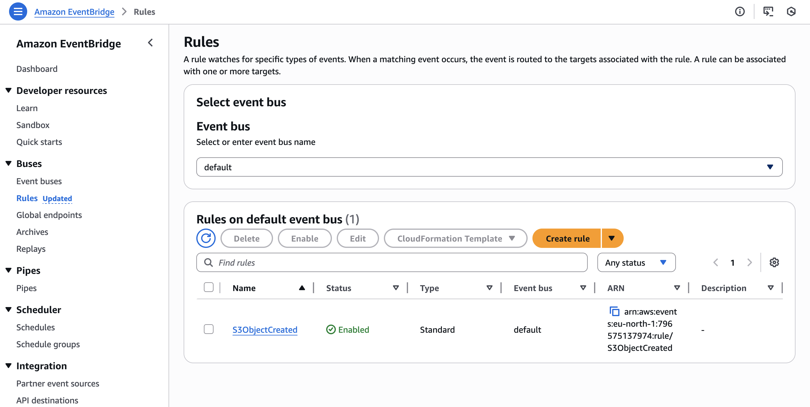 Правило EventBridge успешно создано
