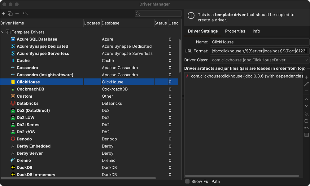 Интерфейс диспетчера драйверов DbVisualizer с конфигурацией JDBC-драйвера ClickHouse