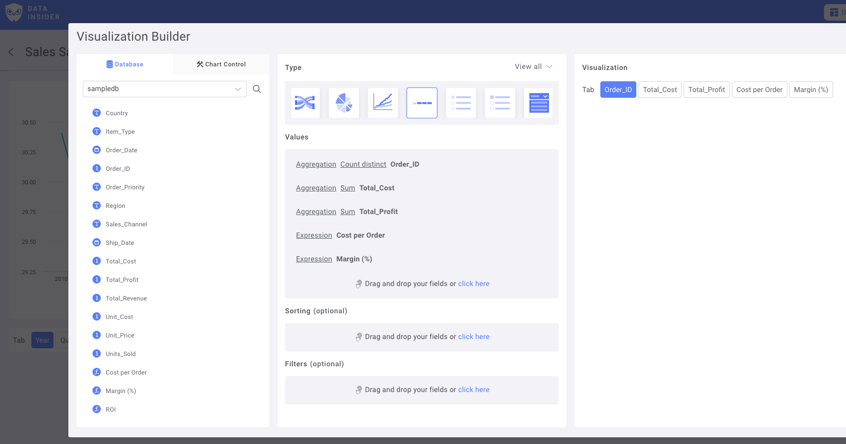 Панель настройк�и элемента управления метриками Rocket BI с выбранными полями и параметрами агрегации